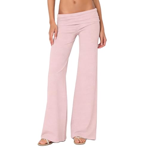 Image of Lounge Yoga Pants for Women Fold Over Low Waist Wide Leg Bell Bottoms | Y2K Foldover Pants, Flare Leggings, Low Rise Yoga Sweatpants