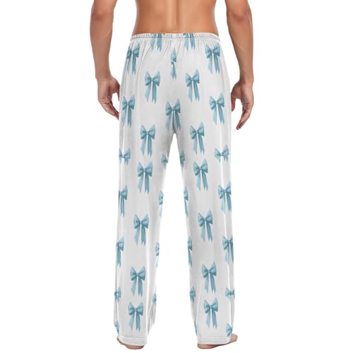 Men’s Light Blue Bows Pajama Pants with Pockets, Comfortable Lounge Sleep Bottoms#172