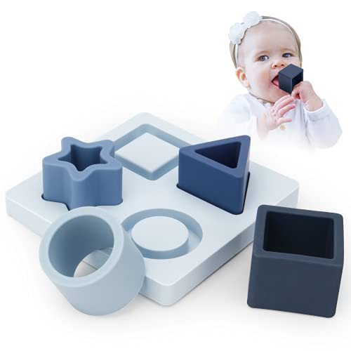 Image of Baby Soft Stacking & Nesting Shape Blocks Toy,Silicone Building Blocks Stacker & Teether,Squeeze Play Matching Stacking Game with Early Education Learning Shape Puzzle Toy for Toddler 6m+ (Star)