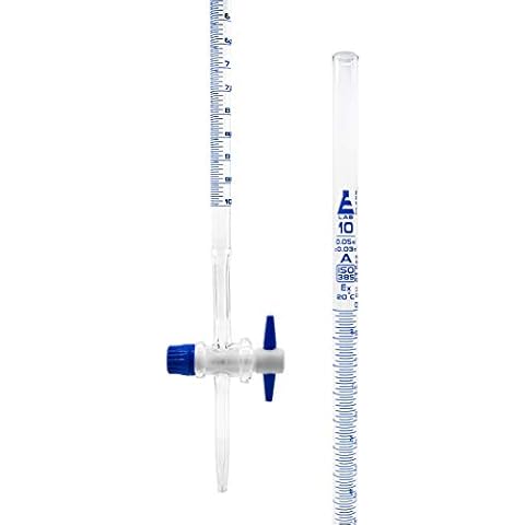 Burette with PTFE Key Stopcock, 10ml - Class A - 0.05ml Sub Div. Blue Graduations - ±0.03ml Tolerance - Borosilicate Glass - Eisco Labs Cover