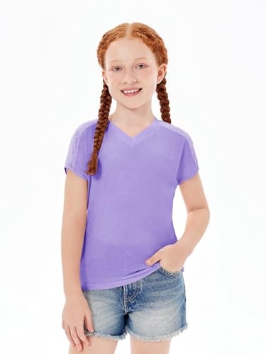 Image of Haloumoning Girls V Neck T-Shirts Kids Summer Swiss Dot Short Sleeve Tops Cute Fashion Tees 5-14 Years