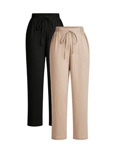WDIRARA Women's 2 Pack Pants High Elastic Waist Casual Work Office Long Trousers