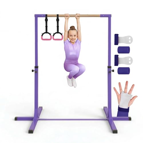 Gym Bar® Barre Gymnastique Enfant Violette + Anneaux Gym Roses | 13 Niveaux Ajustables 90-150 cm | Acier et Bois Hêtre | Sangles Réglables Antidérapantes |...