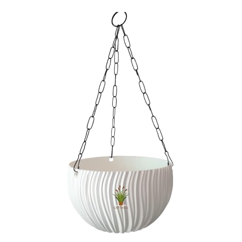 Image of Hanging Flower Pots with Chain - Set of 4 | Eco-Friendly White Plastic Planters for Balcony, Indoor & Outdoor Use | Round Ribbed Design (White, 4 Pieces)