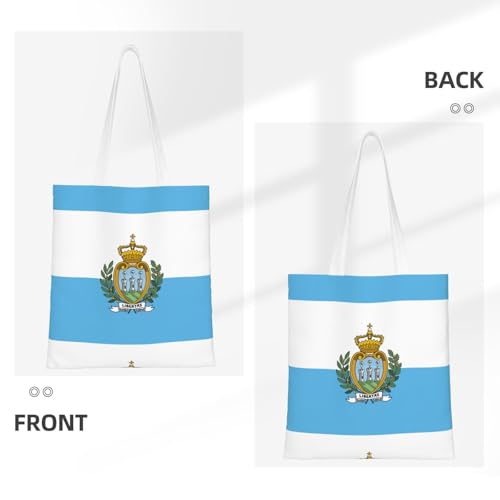 Flag Of San Marino Print Reusable Canvas Tote, Shopping Bag With Handles For Daily And Grocery Use3