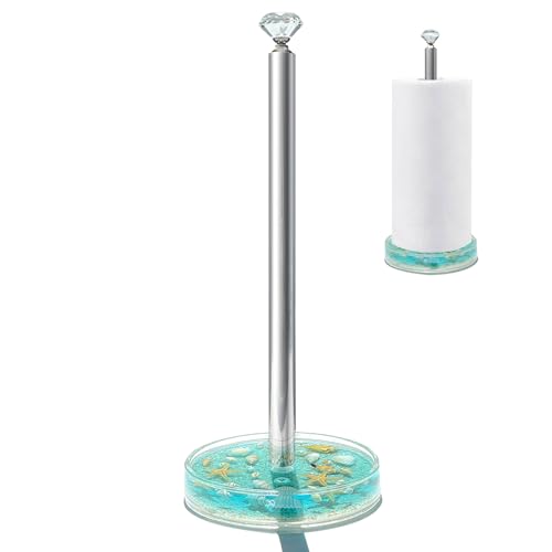 Image of FONMY Paper Towel Holder Countertop Acrylic w /Nature Seashell Handmade,Seascape Standing Paper Towel Roll Holder for Kitchen Bathroom, with Weighted Base Suction Cups for One-Handed Operation (Blue)