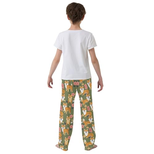 Corgi Dog with Flowers Boys Long Pants Soft Trousers Elastic Waist Kids Lounge Bottoms with Pockets S-XL3