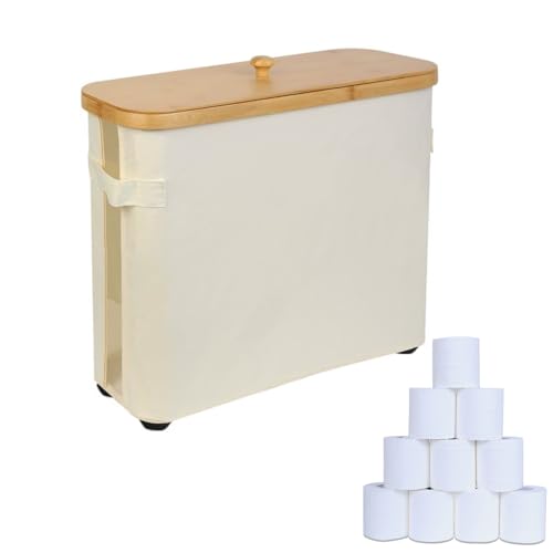 Toilet Paper Storage Basket, Toilet Paper Organizer with Bamboo Lid Handle for Bathroom, Free Standing Toilet Paper Holder Tissue Bin with Visualisation Window (Beige)