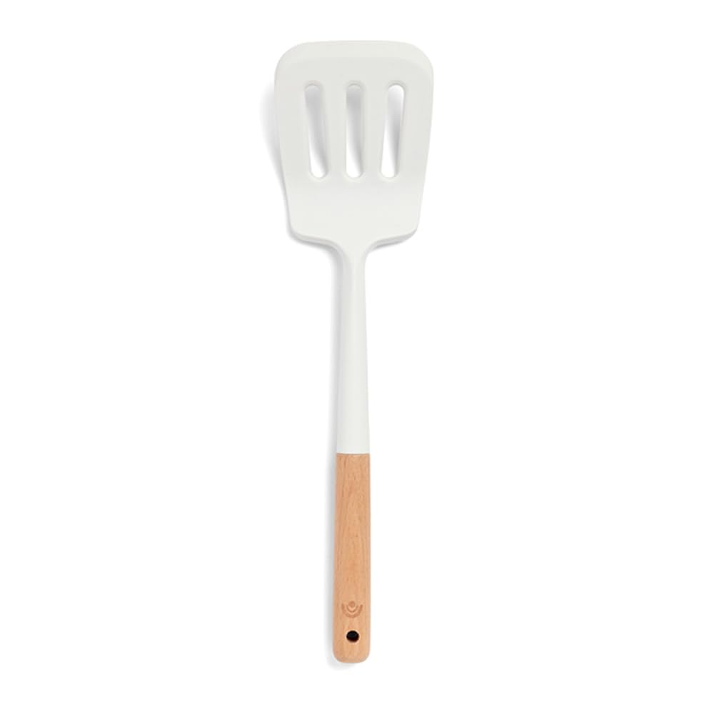 Yum Asia Premium Turner Spatula with Beech Wood Handle and Premium Silicone (Ice White, Slotted Turner Spatula)