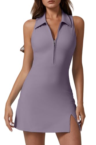 Image of QINSEN Womens Zip Front Tennis Dress Polo Collar Racer Back Workout Golf Dresses Build in Shorts with Pockets