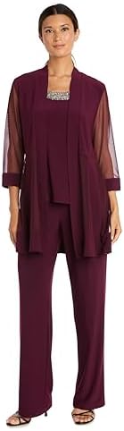 R&amp;M Richards レディース ビーズネック 2ピースパンツセット, メルロー(Merlot), 14