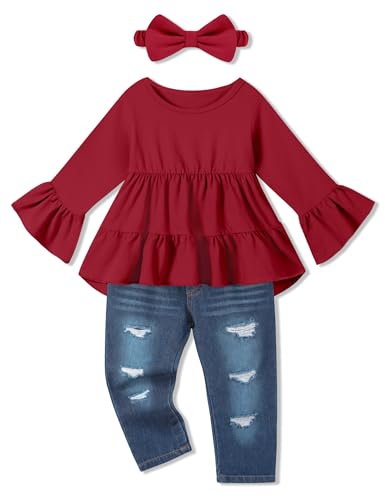 Image of Toddler Girl Clothes Long Sleeve Ruffle Dress Top and Jeans Pants Toddler Girl Fall Outfits
