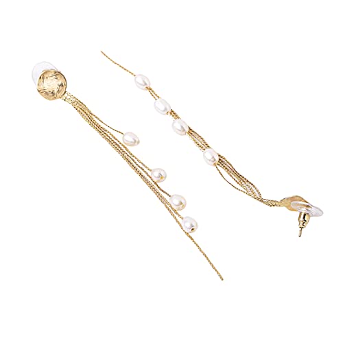 Clip On Stud Earrings with Long Tassel Chain Pearl Drop