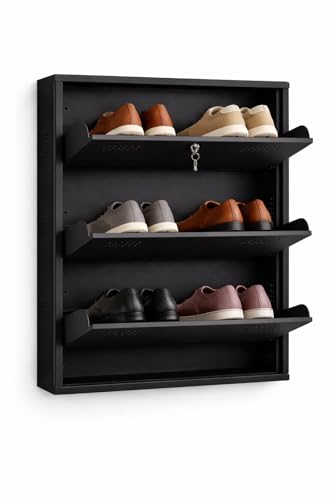 Image of 3 Door Wall Mounted Metal Shoe Rack with Lock | Foldable Shoe Cabinet | Space Saving Shoe Organizer for Home | Ventilated Steel Shoe Stand Holds 9 -18 Pairs (Black)