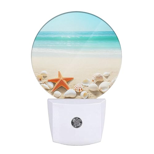 Image of Starfish Seashell Night Light Ocean Seashore Beach Coastal Nautical Night Lights Plug into Wall for Boys Girls, Plug-in Nightlight 0.5W LED Lighting for Stairway Hallway Bedroom