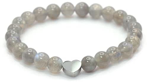 Genuine Labradorite AAA Gemstone Bracelet with 6 mm Beads and Stainless Steel Heart - Various Lengths - Healing Stone Protective Stone Talisman Lucky Charm Gift (Labradorite, 16 cm) - View 2