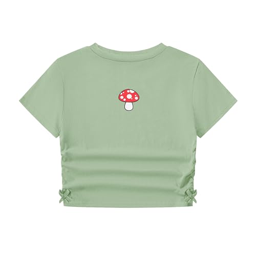 Image of Girl's Graphic Crop Top Summer Tee Drawstring Side Tie Knot Hem Round Neck Short Sleeve T-Shirts