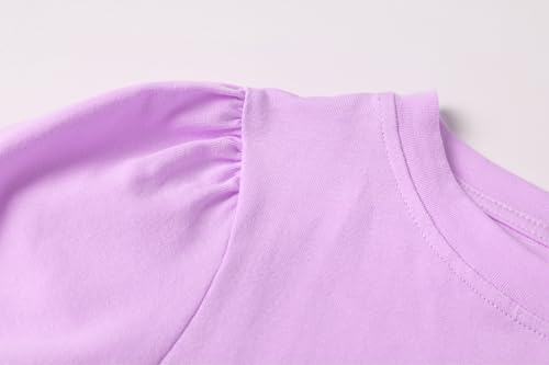 Image of Girls' Puff Sleeve Cotton T-Shirt Cute Summer Tops Short Sleeve Crewneck Tshirts Tees Little Kids Girls Size 5t 6t 5 6 6X 6-7 t Years Light Purple Lavender 5-6