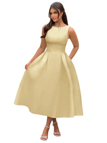 Boat Neck Satin Midi Prom Dresses Tea Length Scoop Back A Line Formal Evening Party Gowns