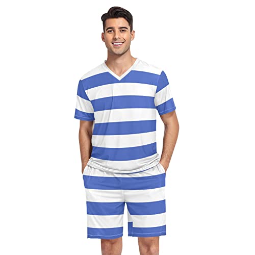YYZZH Men's Pajama Sets Blue And White Horizontal Stripe Fashion Striped Pattern Sleepwear Short Sleeve Lounge Sets for Men