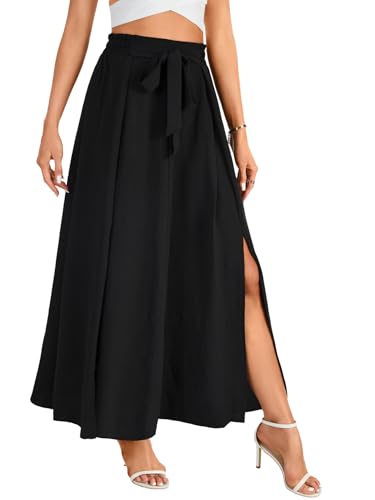 LYANER Women's Tie Knot Front Side Split Pleated A line High Waist Flowy Boho Long Skirt4