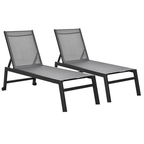 Outsunny Conjunto de 2 Tumbonas de Jardín de Aluminio Tumbonas de Exterior con 2 Ruedas Respaldo Reclinable en 5 Posiciones Carga 120 kg para Patio Terraza 169x65x102 cm Gris