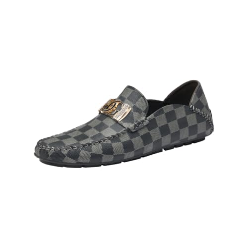 Men's Checkered Slip - on Loafer Casual Flat Shoes: Classy Design with Metal Ornament, Soft Leather for Comfortable Daily and Social Wear