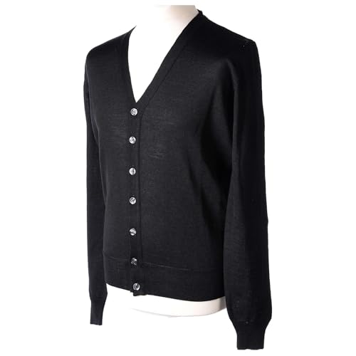Clergy Button-Front Cardigan Black Plain Knit 50% Acrylic 50% Merino Wool in Primis, M3