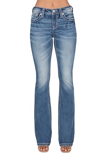 Miss Me Women's Mid Rise Spring Flowers Bootcut Jeans with Faux Flap Pockets2