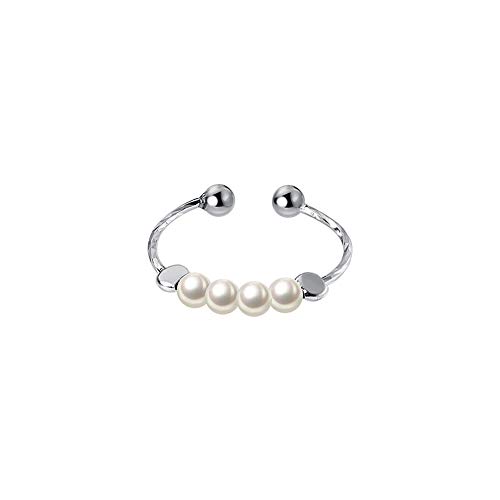 Dainty Pearl Sterling Silver Open Staking Ring for Women Elegant Ball Beads Spinner Fidget Anxiety Worry Adjustable Statement Promise Eternity Wedding Rings Tail Finger Band Cute Jewelry Gifts BFF - Main Image