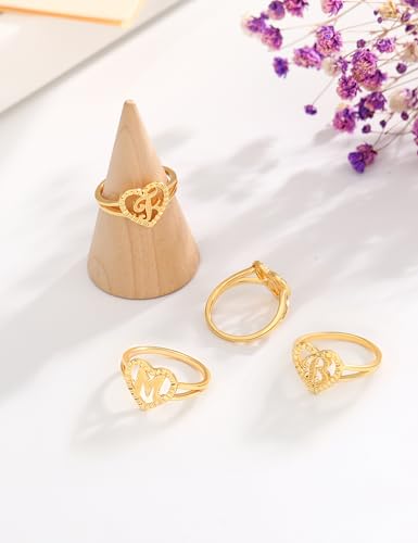 Image of RLMOON Gold Initial Rings for Women Non Tarnish 14K Gold Plated Vintage Heart Thumb Rings Personalized Carved Letter Statement Stackable Rings Size 6-10 Jewelry Gifts