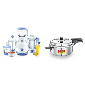 Prestige Iris 750 Watt Mixer Grinder with 3 Stainless Steel Jar + 1 Juicer Jar (White and Blue) + Prestige Svachh, 20255, 5 L, Deep Pressure Pan, with deep lid for Spillage Control