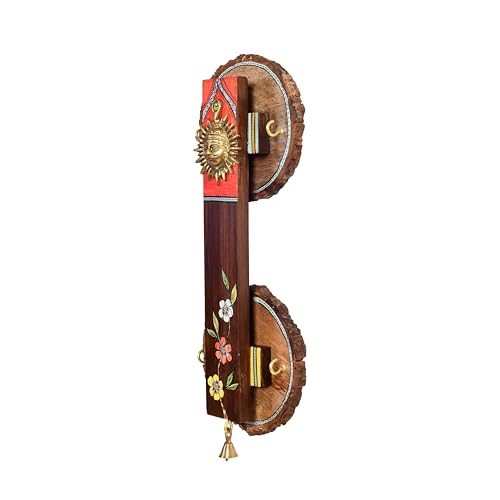 Image of AAKRITI ART CREATIONS Key Holder, Abha Key Hanger with Brass Motifs and Beautiful Artwork | Rustic Brass & Wooden Wall Organizer with 4 Hooks | New Home Gifts.