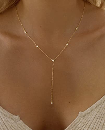 Gold Necklace for Women, Dainty Gold Long Necklaces 14k Gold Plated Prom Bar CZ Lariat Necklace Simple Choker Necklaces for Women Trendy Boho Fashion Costume Jewelry Womens2