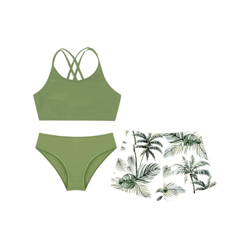 Girls 3 Pcs Athletic Swimsuits Crisscross Back Swim Crop Top Brief with Shorts Tankini Sets3