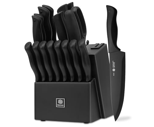 Image of 19-Piece Kitchen Knife Set with Block and Built-In Sharpener, Black | High-carbon stainless steel blades, nonstick coating, ergonomic handles and dishwasher-safe care