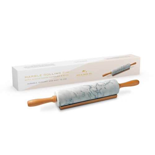 Silk Route Home White Marble Rolling Pin with Acacia Wood Handle & Base | Naturally Weighted, Non-Stick, Cool-Surface Dough Roller for Baking, Pastry, Pizza & Cookies