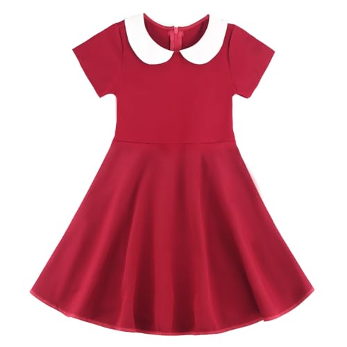 KISBINI Girls Short Sleeve Peter Pan Collar Dress Casual Vintage Flare Skater Dresses for Girls 2-12 Years