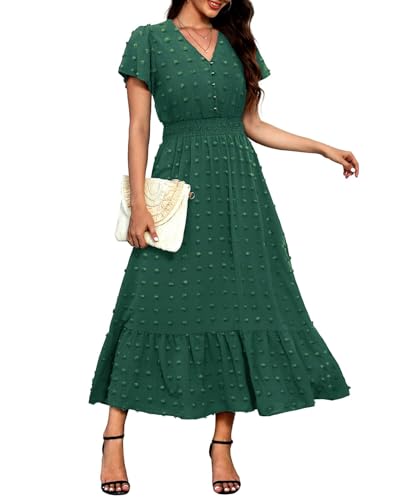Image of Women Maxi Dresses Boho V Neck Swiss Dot Ruffle Summer Short Sleeve High Waist Tiered Flowy Smocked Cocktail Dresses
