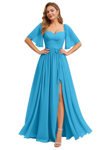 Image of IIF Women's Chiffon Bridesmaid Dresses for Wedding Flutter Sleeves Ruched A Line Long Formal Dress with Slit IIF149