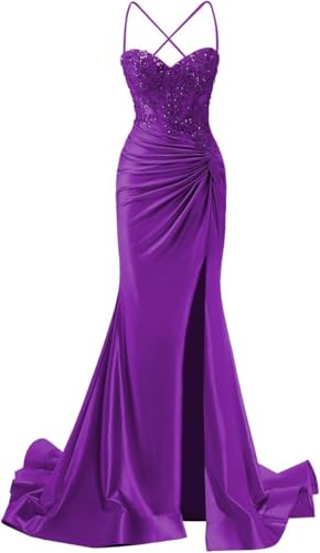 Women Mermaid Beads Prom Dress with Slit Satin Bridesmaid Dresses Long Spaghetti Strap Evening Formal Party Gown4
