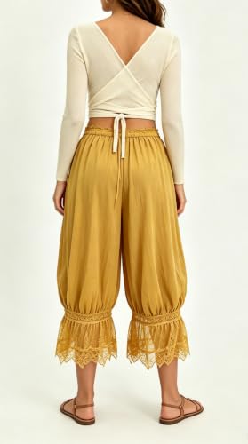 Image of UAURORAO Women Lace Trim Bloomer Pants Flowy Culottes Pantaloons Bloomers