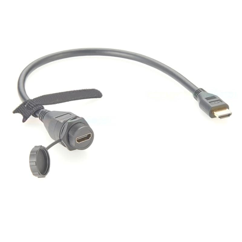 Panel-Mount HD Multimedia Interface 2.0 Extension Cable, IP67, 4K@60Hz, Male to Female Embedded Threaded Mount Extension Cable