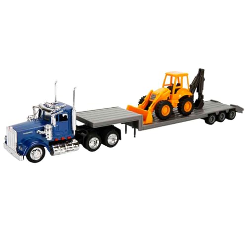 Newray 1:43 Trailer Kenworth W900 with Backhoe Loader 1/43 Scale Replica
