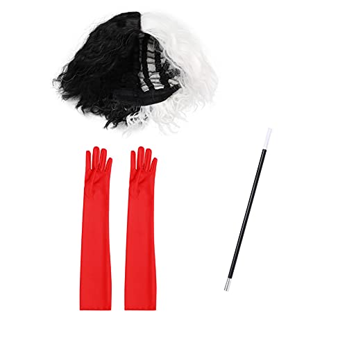 IWEMEK Ninas Peluca de Pelo Corto Blanco y Negro Halloween,Boquilla Estilo años 20,Collar de Perlas Guantes Rojos Largos y Accesorios Cruella Fiestas Cosplay Halloween Nina 3 Piezas One Size Cover