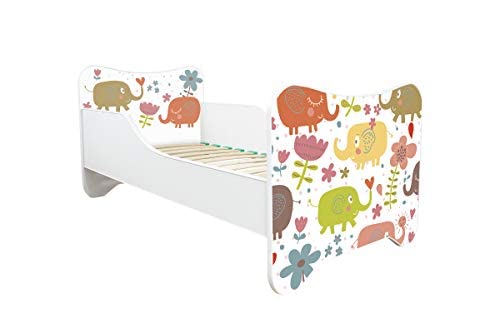 Topbeds Cuna infantil, Happy Kitty, cuna con somier para niños y niñas, marco de haya, protección contra caídas, resistente, seguro, bordes redondeados (elefantes, 140 x 70 cm) Cover