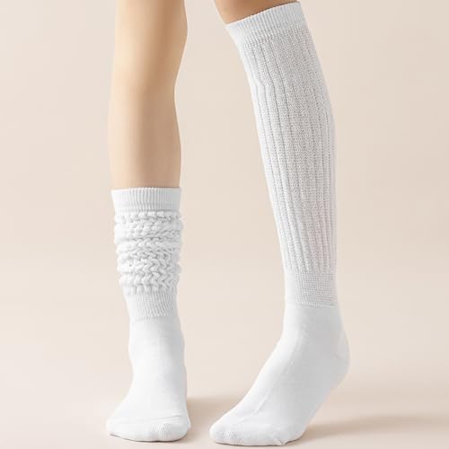2 Pairs Women Knee High Socks Long Slouch Socks Fall Winter Boot Socks Soft Knit Socks Casual Calf Warmer Socks White Khaki4