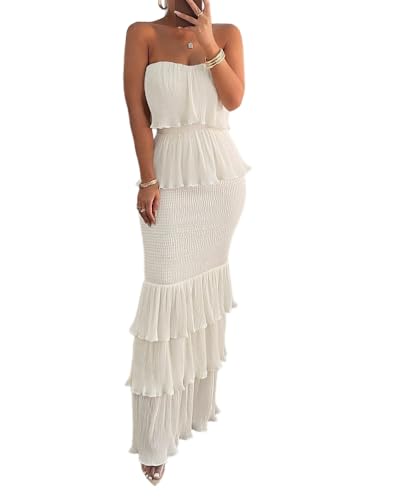 CHICME Long Bridesmaid Dresses for Women Shirred Ruffle Hem Layered Bandeau Wedding Guest Dress Formal Evening Party Dress