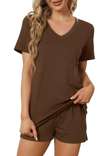 Image of RUBZOOF Women's Short Sleeve Pajama Sets with Pockets Casual V Neck 2 Piece Lounge Sets S-3XL