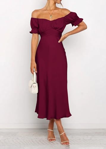 Image of KIRUNDO Women's Satin Summer Wedding Guest Cocktail Dress | 2026 Spring Fall Party Midi Dress, Silky, Elegant Off Shoulder Short Sleeve, Ruffle Mermaid Hem, Wrap Prom Formal Outfits